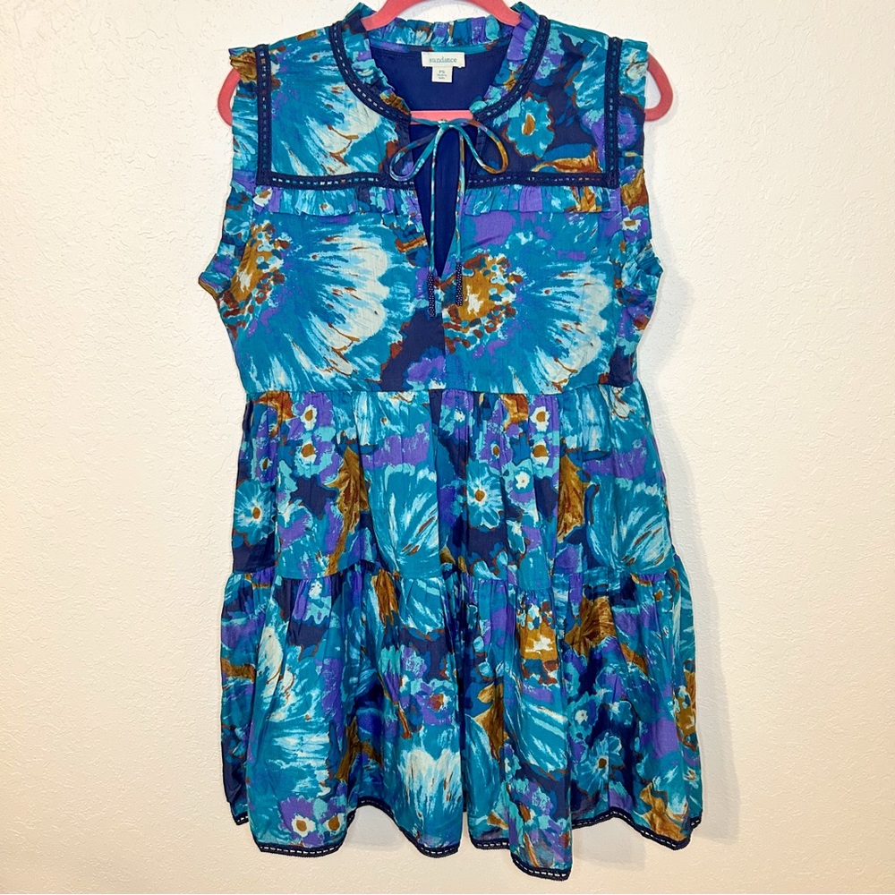 Sundance Ruffle Sleeve Printed Dress in Blue Size PS Petite Small